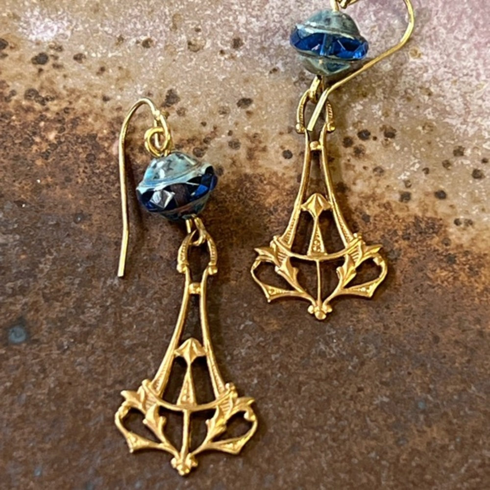 Navy Art Nouveau Dangle Earrings - Art Deco Romantic Victorian Vibes